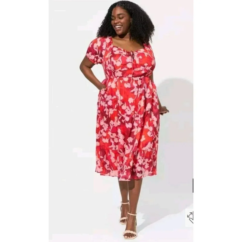 TORRID Floral Midi Dress Size 3X Smocked Lace Up Clip Dot Ruffled Empire Waist - Picture 4 of 6